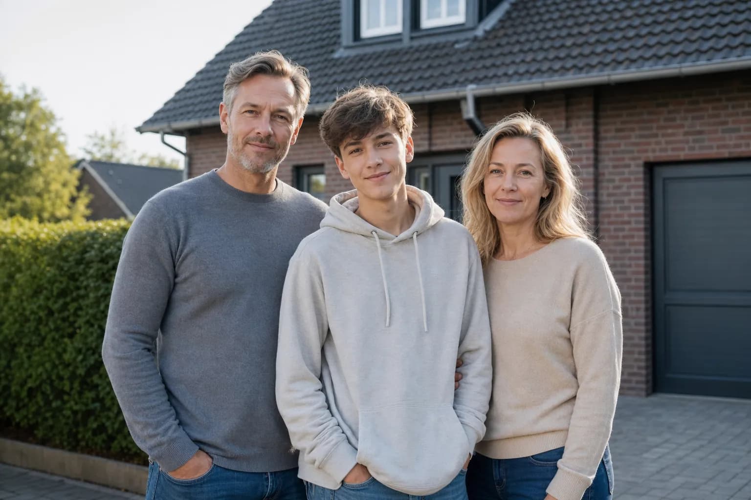 Familie vor ihrem Wohnhaus — Privatkunden im Wohnbereich